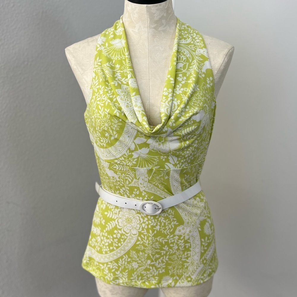 Vintage Y2K Trixxi Green & White Cowl Neck Blouse with Belt -Size L